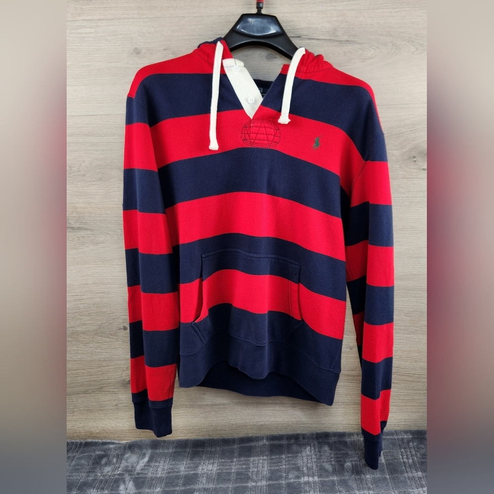 Polo by Ralph Lauren Red and Navy Striped Hooded Sweatshirt